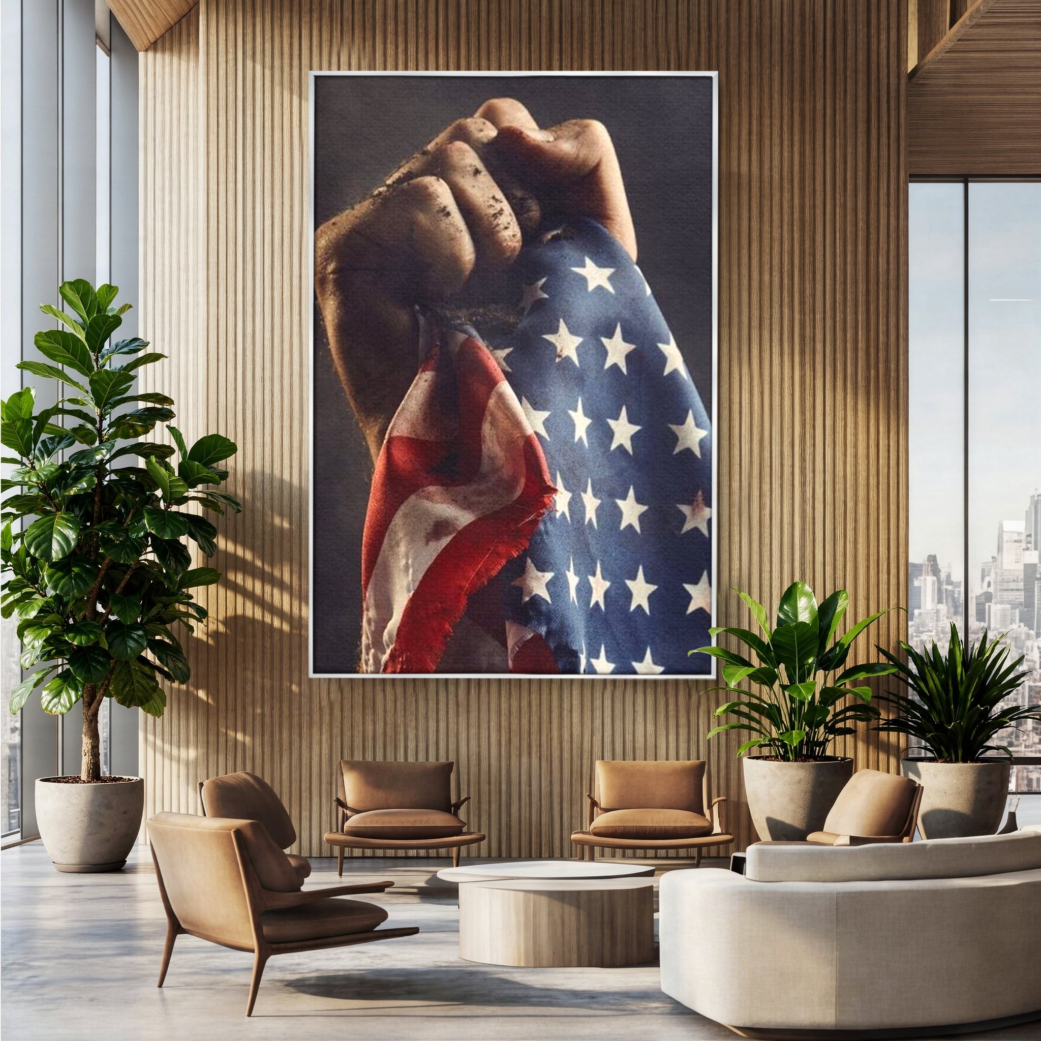 Tablou canvas cu tablou canvas cu mana murdara tinand steagul sua, in rama de aluminiu argintiu, pe perete intr-un birou